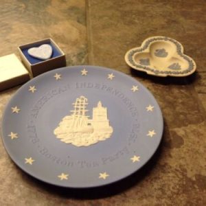 Decor 3 Pc Wedgwood Jasperware Blue Trinket Tray, Decorative Plate And Pin